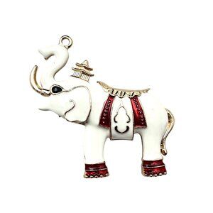 Womens Elephant Brooch Pin Red White Enamel Gold Tone Statement Vintage Style